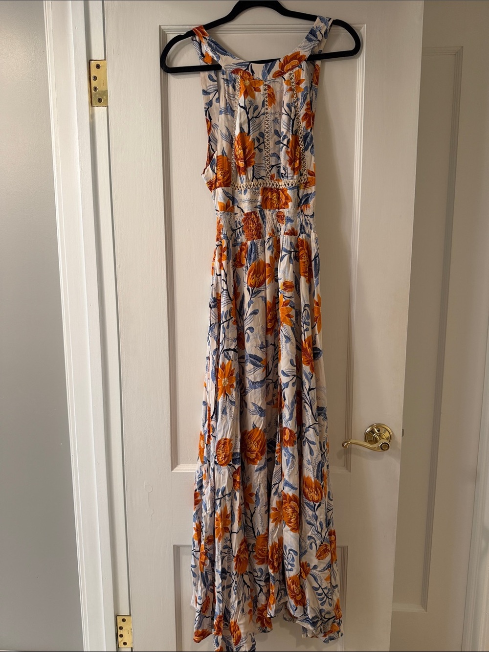 White Floral Maxi Dress with Orange & Blue Print